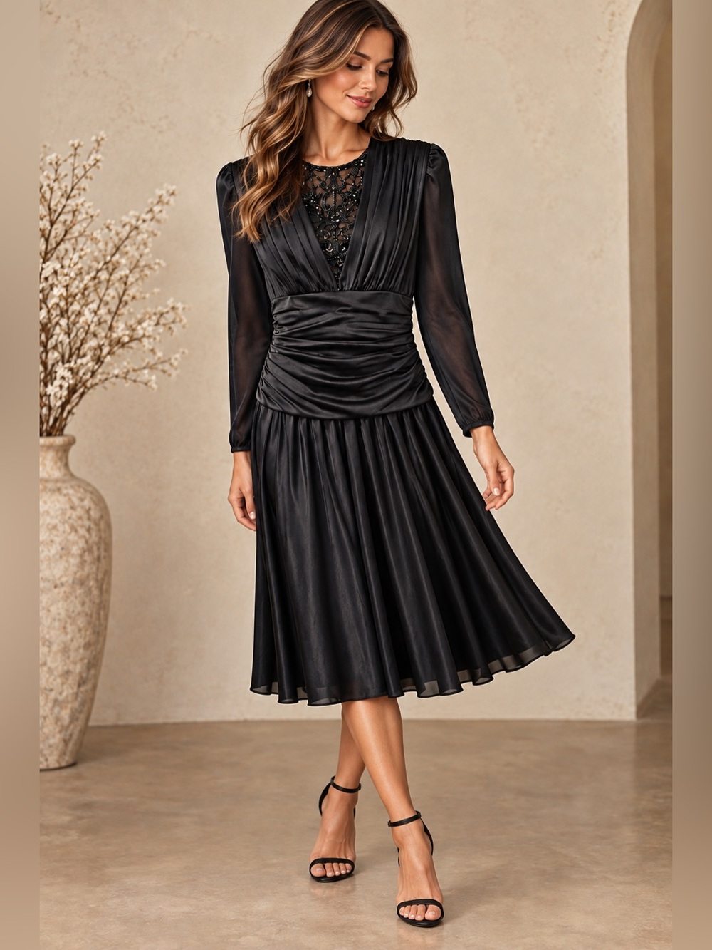 Abby Kent Vintage 80s Black Satin Ruched Beaded Semi Sheer Sleeve Midi Dress
